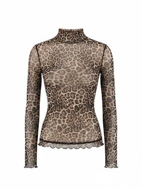 Leopard Print Mesh Turtleneck Long Sleeve Top